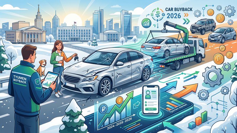 Современная иллюстрация трендов выкупа битых автомобилей в Тюмени на 2026 год для блога